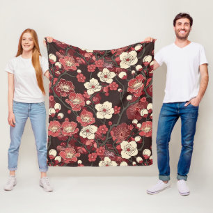 Donker Bourgondische Sakura Bloem Koraal Bloesem P Fleece Deken