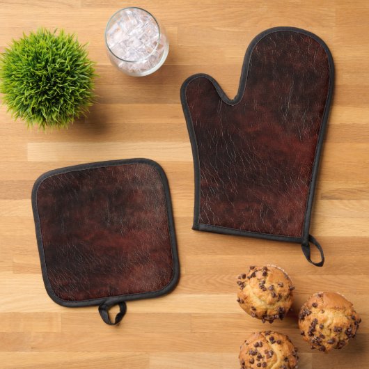 Donker chocolade bruin leer ovenwant & pannenlap set (Top down)