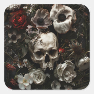 Donker Cottage Core schedels en bloemen Vierkante Sticker