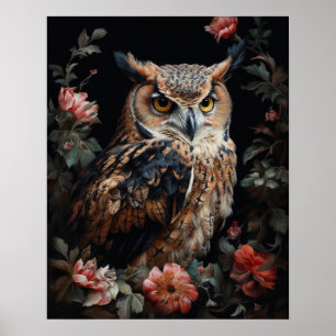 Donker Cottagecore Uil en Flowers Art Print Poster