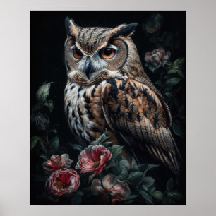 Donker Cottagecore Uil en Flowers Art Print Poster