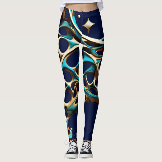 Donker Cyaan en Goud Arabesque Leggings (Voorkant)