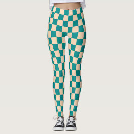 Donker cyaan en zachte perzik schaakbord leggings