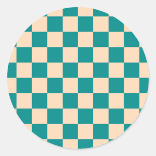 Donker cyaan en zachte perzik schaakbord ronde sticker
