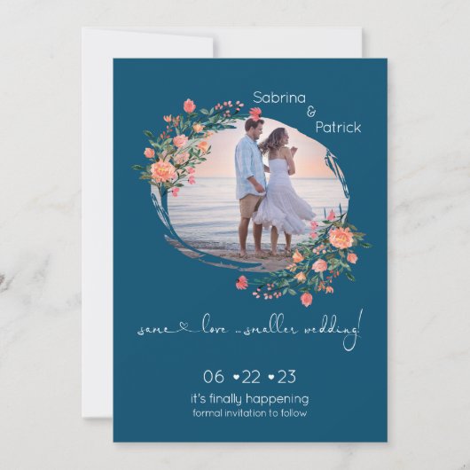 Donker Cyaan Fotolijst Bloemstuk  Save The Date (Voorkant)