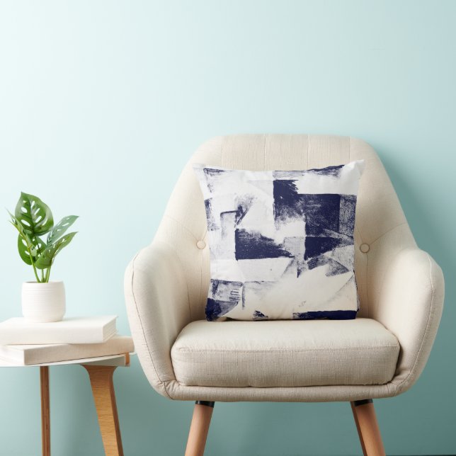 Donker Denim Blauw en Wit Abstract Decor Kussen (Stoel)