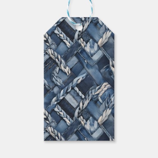 Donker distressed denim patchwork en vlechten cadeaulabel (Voorkant)