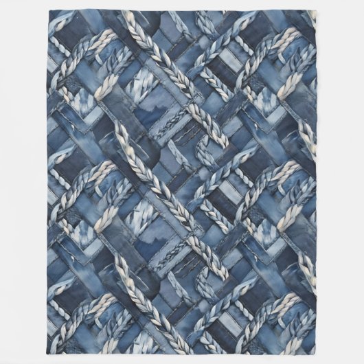 Donker distressed denim patchwork en vlechten fleece deken (Voorkant)