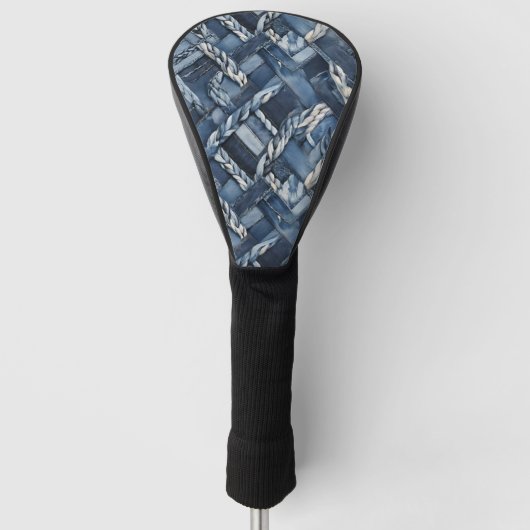 Donker distressed denim patchwork en vlechten golfheadcover (Voorkant)