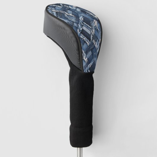 Donker distressed denim patchwork en vlechten golfheadcover (Schuin)