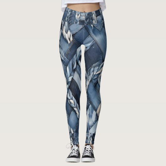 Donker distressed denim patchwork en vlechten leggings (Voorkant)