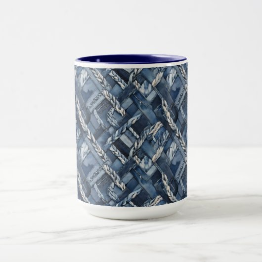 Donker distressed denim patchwork en vlechten mok (Midden)