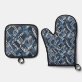 Donker distressed denim patchwork en vlechten ovenwant & pannenlap set (Voorkant)