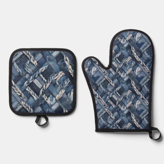 Donker distressed denim patchwork en vlechten ovenwant & pannenlap set (Voorkant)