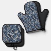 Donker distressed denim patchwork en vlechten ovenwant & pannenlap set (Voorkant / Achterkant)