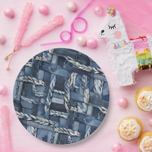 Donker distressed denim patchwork en vlechten papieren bordje (Feest)