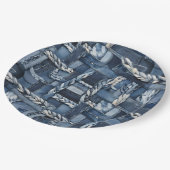 Donker distressed denim patchwork en vlechten papieren bordje (Gekanteld)