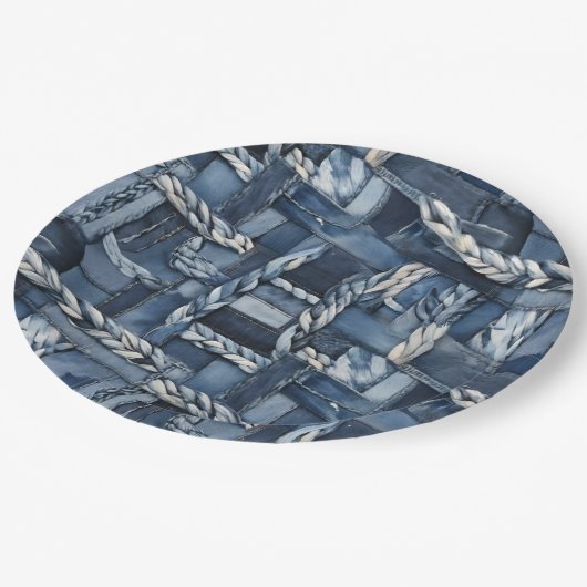 Donker distressed denim patchwork en vlechten papieren bordje (Gekanteld)