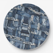 Donker distressed denim patchwork en vlechten papieren bordje (Voorkant)