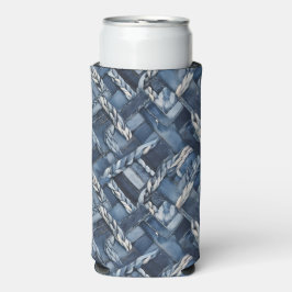 Donker distressed denim patchwork en vlechten seltzer blikjeskoeler
