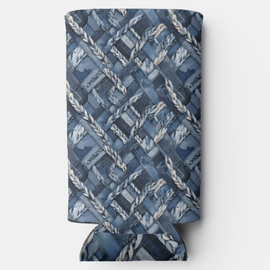 Donker distressed denim patchwork en vlechten seltzer blikjeskoeler (Achterkant)