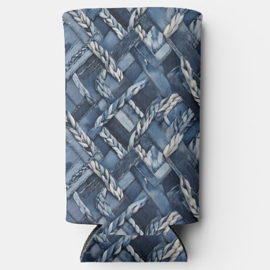 Donker distressed denim patchwork en vlechten seltzer blikjeskoeler (Voorkant)