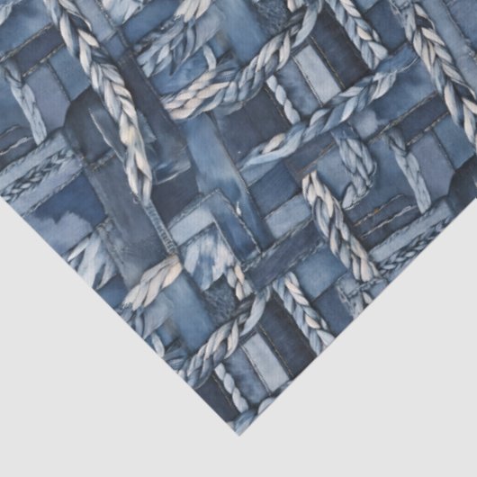 Donker distressed denim patchwork en vlechten tissuepapier (Detail)