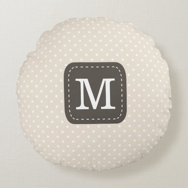 Donker donkerbruin monogram pastel beige patroon rond kussen (Voorkant)