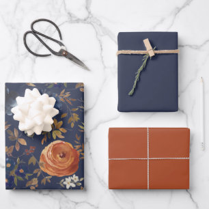 Donker Dusty Blue Rust Waterverf Bloemen Inpakpapier Vel