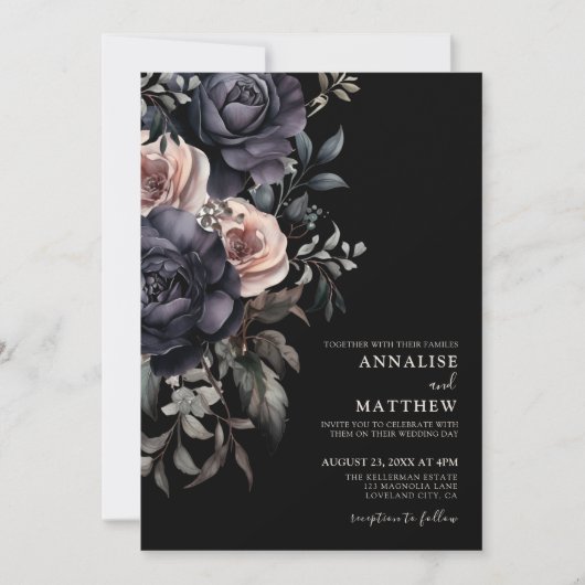 Donker Elegant Bloemen Bruiloft Kaart (Voorkant)