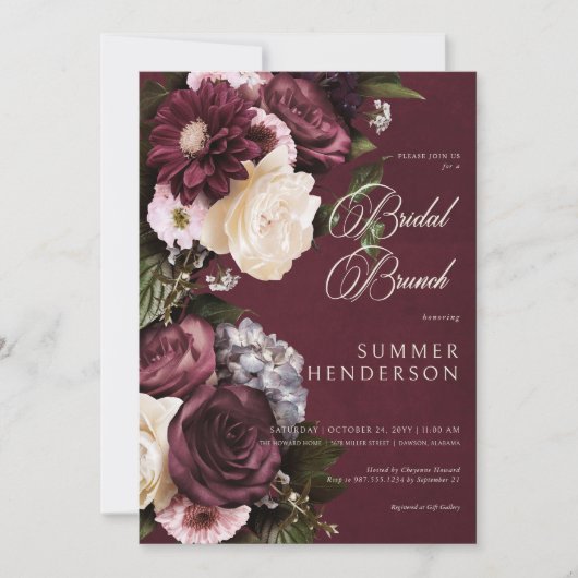 Donker Elegant Bourgogne & Cream Bloemen Bruidsbru Kaart (Voorkant)