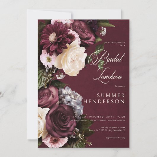 Donker Elegant Bourgogne & Cream Bloemen Bruidslun Kaart (Voorkant)