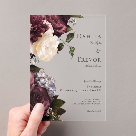 Donker Elegant Bourgogne & Cream Bloemen Bruiloft Acryl Uitnodigingen (Insitu (Draagbaar))