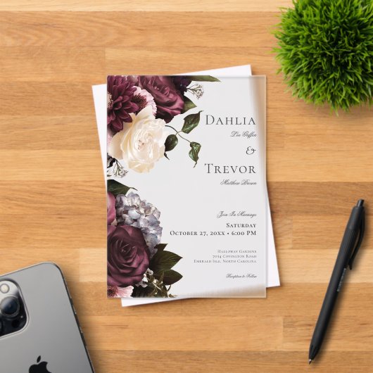 Donker Elegant Bourgogne & Cream Bloemen Bruiloft Acryl Uitnodigingen (Insitu (Uitnodiging))
