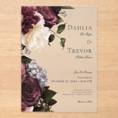 Donker Elegant Bourgogne & Cream Bloemen Bruiloft Acryl Uitnodigingen (Voorkant)