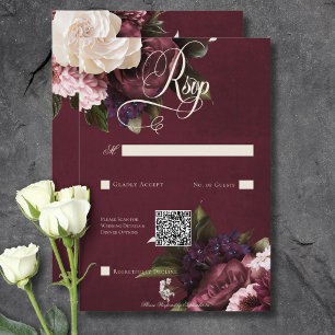 Donker Elegant Bourgogne & Cream Bloemen QR Code RSVP Kaartje