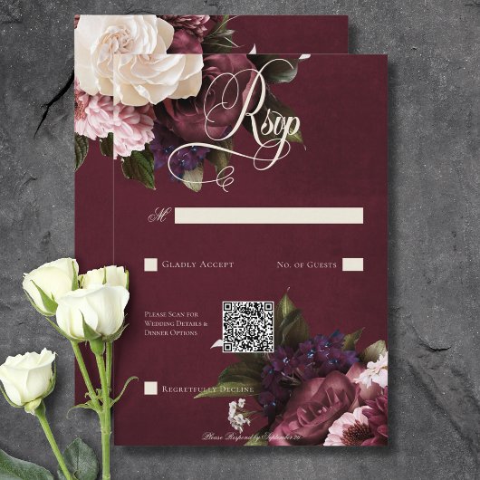 Donker Elegant Bourgogne & Cream Bloemen QR Code RSVP Kaartje