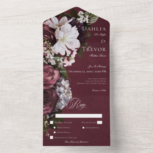 Donker Elegant Bourgogne & Cream Bloemendiner All In One Uitnodiging (Binnen)