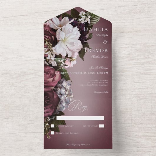 Donker Elegant Bourgogne Cream Blur Bloemen Geen D All In One Uitnodiging (Binnen)