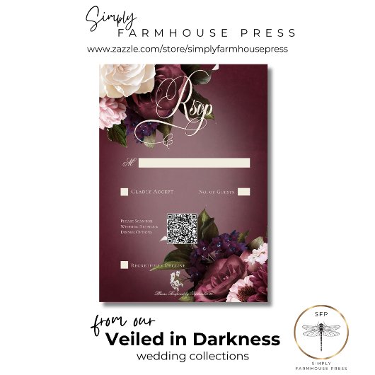 Donker Elegant Bourgogne & Cream Blur Bloemen QR C RSVP Kaartje