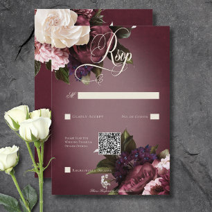 Donker Elegant Bourgogne & Cream Blur Bloemen QR C RSVP Kaartje