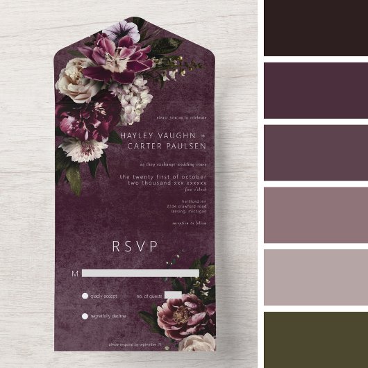 Donker Elegant Bourgogne & Wit Bloemen Geen Diner All In One Uitnodiging