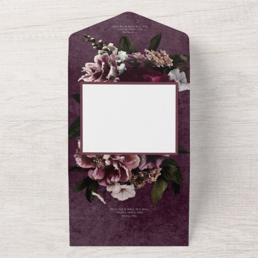 Donker Elegant Bourgogne & Wit Bloemen QR Code All In One Uitnodiging (Buitenkant)