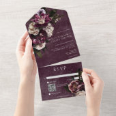 Donker Elegant Bourgogne & Wit Bloemen QR Code All In One Uitnodiging (Afscheurbaar)