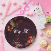 Donker Elegant Bourgondië Moody Bloemen Naam Initi Papieren Bordje (Feest)