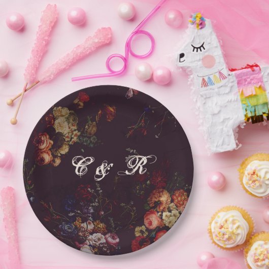 Donker Elegant Bourgondië Moody Bloemen Naam Initi Papieren Bordje (Feest)