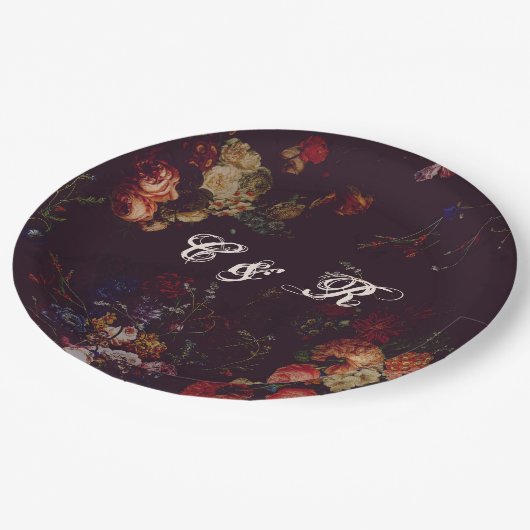 Donker Elegant Bourgondië Moody Bloemen Naam Initi Papieren Bordje (Gekanteld)