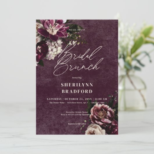 Donker Elegant Bourgondië & Wit Bloemen Bruidsbrun Kaart (Staand voorkant)