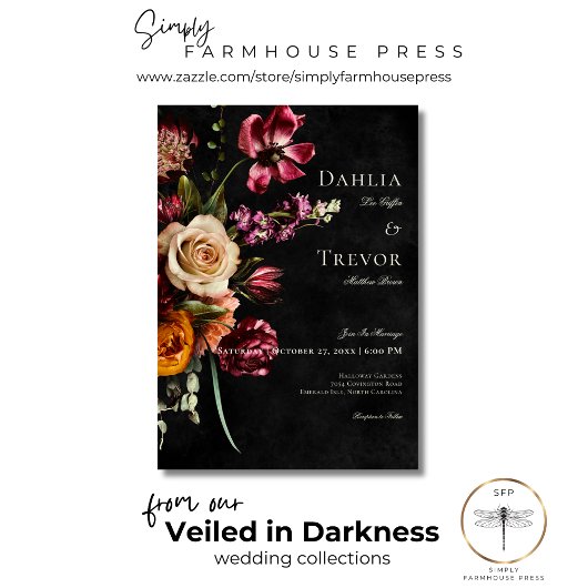 Donker Elegant Herfst Bloemen Bruiloft Kaart