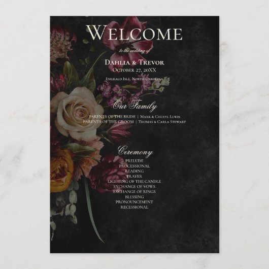 Donker Elegant Herfst Bloemen Bruiloft Programmakaart (Voorkant)